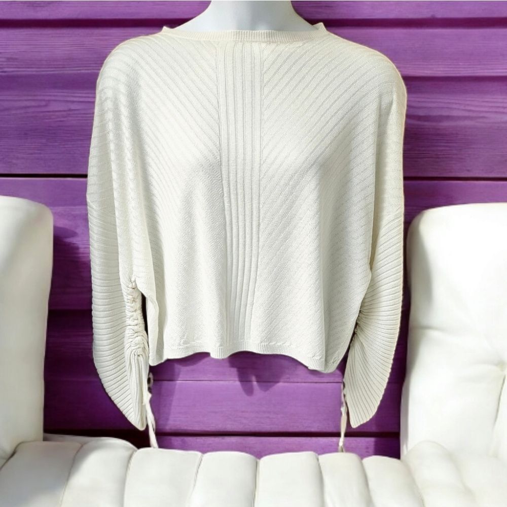 HYFVE Women's Ivory Crew Neck Angel Wing Sleeves Striped Sheen Sweater Size L